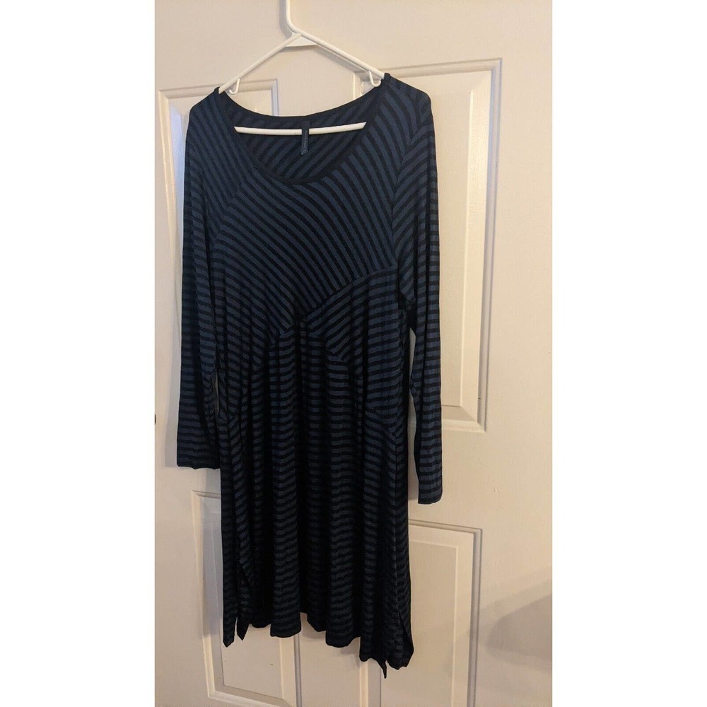 Match Point Black Blue Striped Tunic Dress Hi Low Hem Modal Lagenlook Size L